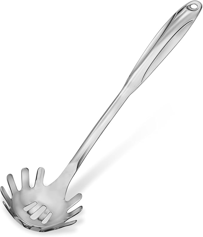 Stainless Steel Pasta Serving Spoon – Pasta Spoon with Teeth - Elegant One-Piece Spaghetti fork, Durable Pasta Utensil for Cooking & Serving - Easy to Clean