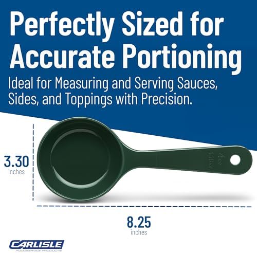 Carlisle FoodService Products 8.25" 4 Ounce Solid Measuring Spoon – Portion Control – Flat Bottom spoon – Short Handle, Dishwasher Compatible, Forest Green, (Pack of 12)
