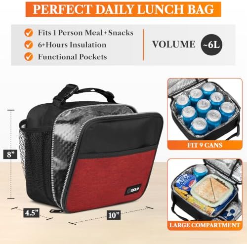 opux Insulated Lunch Bag for Kids, Reusable Lunch Box for School, Red