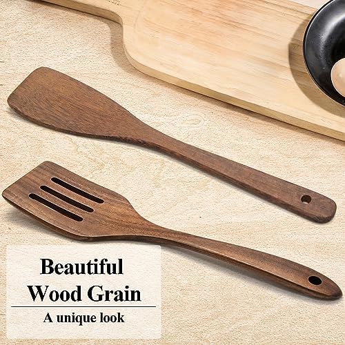 Wooden Spatula Nonstick Turner Acacia Wood, 12" Long Handle Flat Frying Spatulas Handmade for Kitchen Gifts, Ideal Cookware Utensils for Cooking Eggs, Fish, Pancakes, 2 Pack