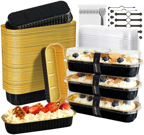 100 Pack Mini Cake Pans with Lids and Spoons, Mini Loaf Baking Pans 6.8oz, Small Disposable Aluminum Foil Loaf Pans, Rectangular Baking Container for Party and Picnics, Cheesecake Pan (Black)