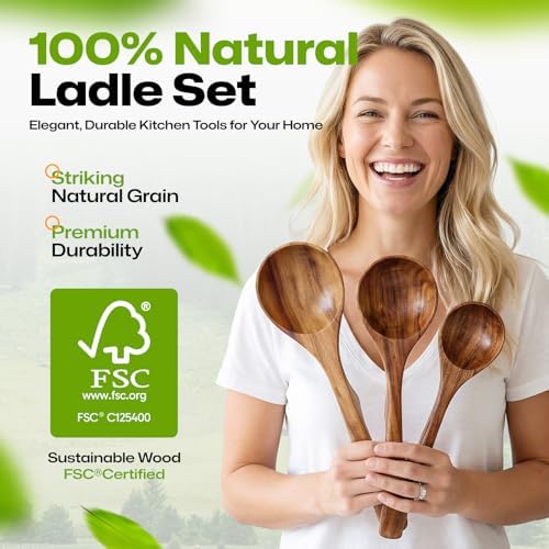 AIUHI Wooden Ladle Spoon Set, 3Size Teak Wood Ladle Spoon, Wooden Soup Spoon for Cooking, Non-Stick, Comfortable Grip for Cooking and Serving