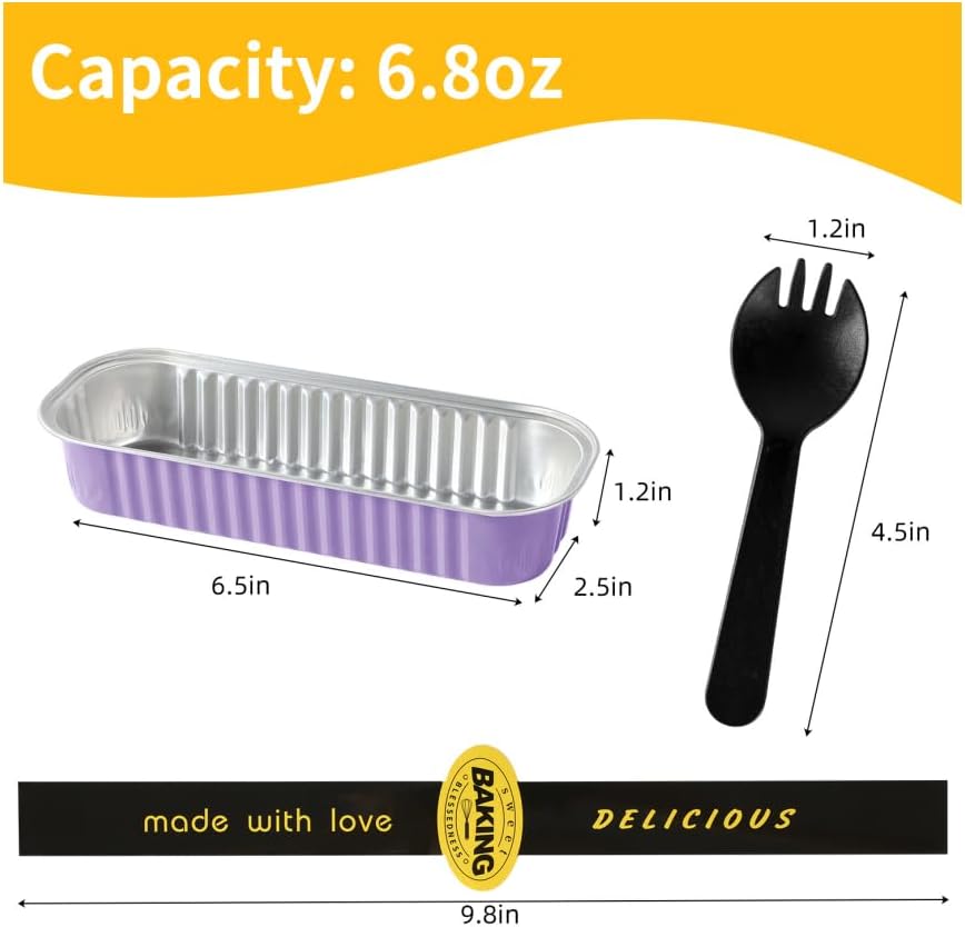 Lavender Purple Mini Loaf Pans with Lids & Spoons, 30 Count 6.8oz Disposable Aluminum Foil Cake Pans, Mini Cake Containers & Baking Tins for Desserts, Party Favors, Baking & Gift Packaging