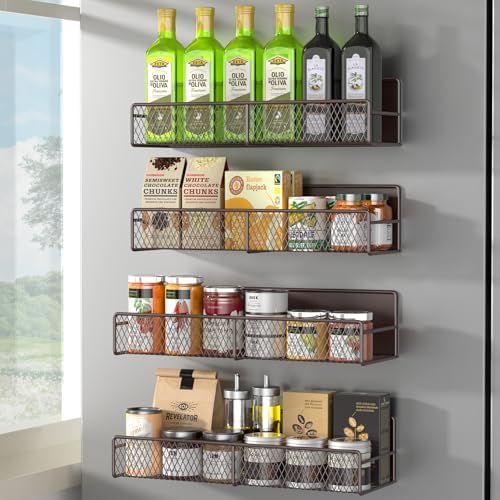 DTUQYX Magnetic Spice Rack for Refrigerator, 4 Pack 100% Metal Strong Magnet Fridge Shelves, Space Saving Spice Organizer, No Drilling Moveable Home Kitchen Laundry Room Storage Organization, Brown