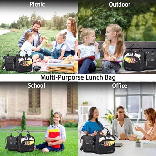 TuErCao Small Lunch Bag Lightweight Insulated Lunch Box for Women Work Portable Soft Cooler for Picnic Travel Road Trips, Loncheras para Mujer, Black