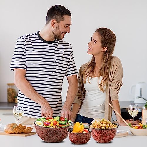 HASENSE Ceramic Mixing Bowls, Large Serving Dishes Set of 3 for Cooking, Baking, Prepping, Porcelain Nesting Bowls for Salads, Fruit, Popcorn, Cereal, 2.1/1.0/0.5 Qt, Dishwasher & Microwave Safe, Red