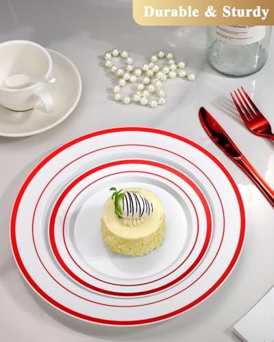 Goodluck 200 Pack Red Rim Plastic Plates - 100 Dinner Plates (10.25") & 100 Dessert Plates (7.5") - Heavy Duty Disposable White Plates with Elegant Red Trim - Premium Dinnerware Set for Wedding