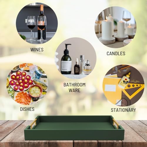 ATZYmolin 17"x12" Leather Serving Tray, Gold Handle Vanity Platter, Green