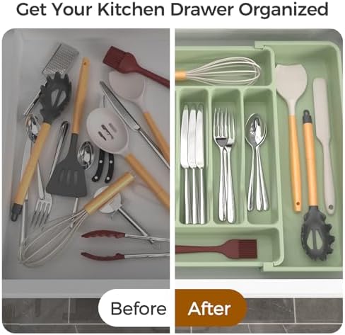 ukeetap Extra Large Expandable Silverware Organizer, Flatware Tray, Green