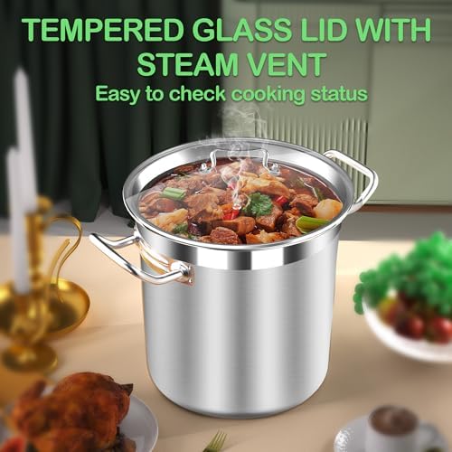 STOCKPOT Stainless Steel 20 Quart Stockpot with Tempered Glass Lid, 3-Ply Base, 8.8 lbs, Polished Finish, Suitable for Stovetop and Oven