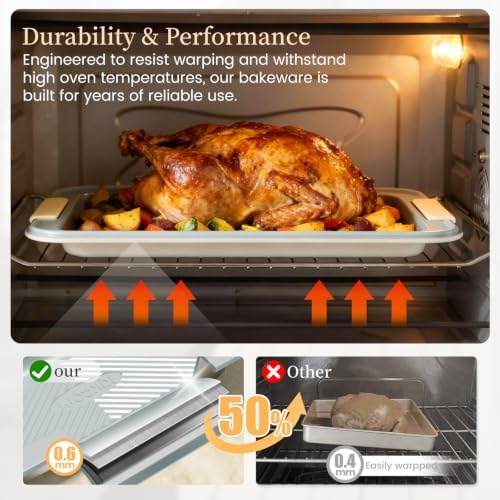 Kikcoin 25-Piece Nonstick Baking Pans Set with Large Turkey Roasting Pan, Stackable Bakeware Set, 450°F Oven Safe Baking Sheet Set with Silicone Handles, Carbon Steel Cookie Sheets for Baking, Cream