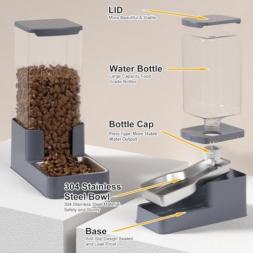 Automatic Cat Feeder and Water Dispenser in Set with Pet Food Bowl,Gravity Dog Waterer and Food Feeder for Small Medium Dog Cat Puppy Kitten Large Capacity(3.8L,Grey,Stainless Steel Bowl)