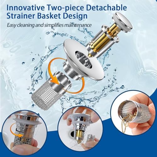 Sink Stopper Hair Catcher, Pop-up Sink Drain Strainer with Removable Stainless Steel Strainer Basket Hair Catcher,Bathroom Sink Strainer for Bathroom Sink Stopper Replacement (2, Silver)