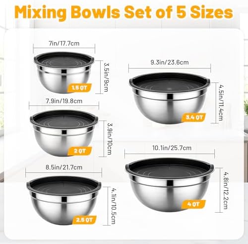 Beasea Mixing Bowls with Lids Set of 5, 1.5/2/2.5/3.4/4/5 QT Stackable Nesting Stainless Steel Bowls with Lids, for Meal Prepping, Salad, Food Serving, Baking Set for Dough, Cream, Batter