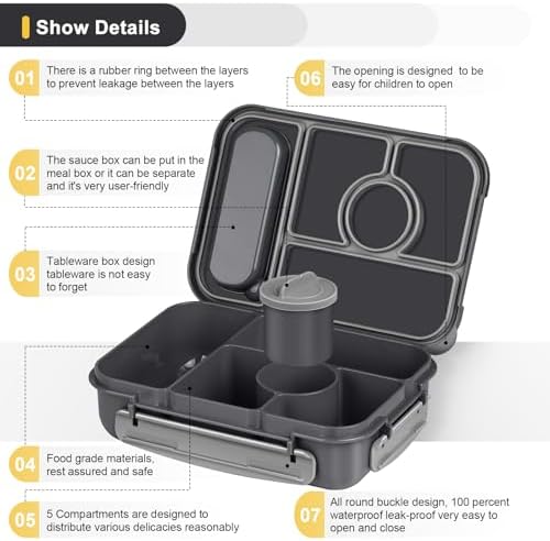 Amathley Bento Box Adult Lunch Box Kids,Lunch Containers for Adults/Kids/Toddler,5 Compartments Bento Lunch Box with Sauce Vontainers,Microwave & Dishwasher & Freezer Safe,BPA-Free (Dark Gray)