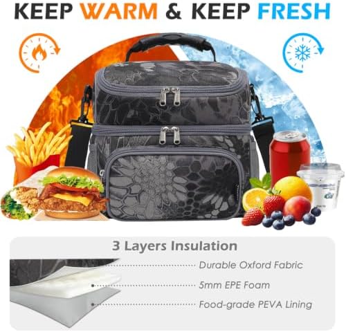 FlowFly Double Layer Cooler Insulated Lunch Bag Adult Lunch Box Large Tote Bag for Men, Women, With Adjustable Strap,Front Pocket and Dual Large Mesh Side Pockets