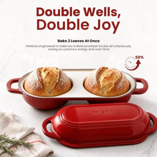 Double Dutch Oven for Bread Baking,Mini Cast Iron Sourdough Loaf Pan(Red)