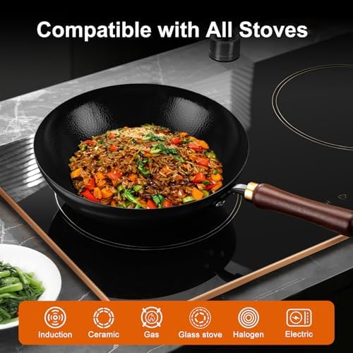 Carbon Steel Wok Pan, 12.6-Inch Nonstick Pre-Seasoned Woks & Stir-Fry Pans with Glass Lid, No Chemical Coated Wok Round Bottom Hand Hammered Chinese Wok for Gas Stoves