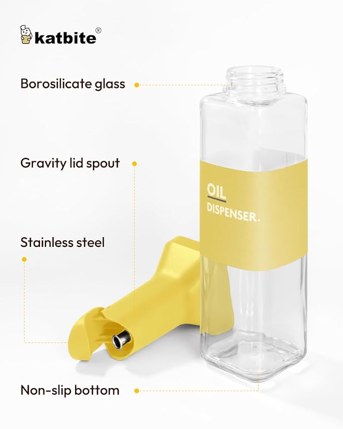 katbite 16oz Glass Olive Oil Dispenser Bottle for Kitchen Cooking - Leakproof Kitchen Essential with Precise Pouring Spout for Salad, Air Fryer, BBQ, Non-Stick Pans, Easy Refill and Use, Yellow