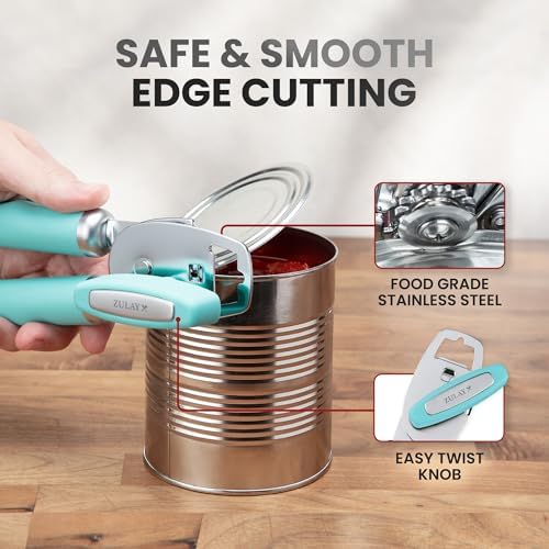 Zulay Kitchen Manual Can Opener Heavy Duty Patented Stainless Steel, Teal