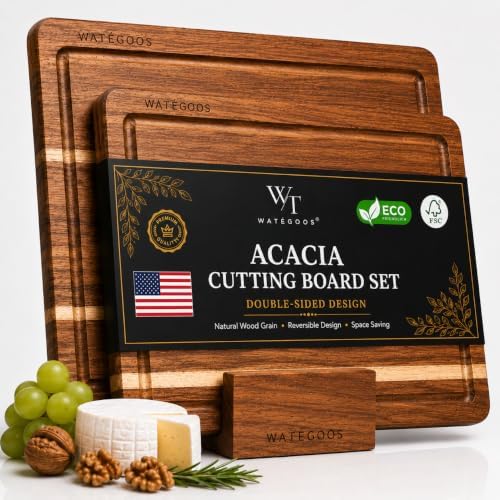 Acacia Wood Cutting Boards for Kitchen, Non-Toxic Cutting Board Set of 2, Chopping Boards with Deep Juice Groove for Meat, Cheese & Vegetables - Eco-Friendly & Medium & Small Sizes