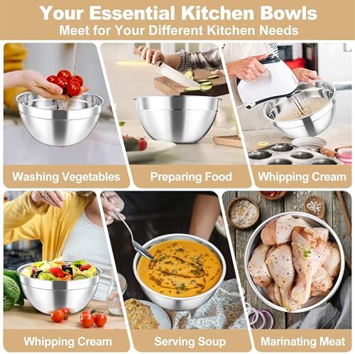 TeamFar Mixing Bowls Set, Stainless Steel Salad Bowl with Lids, Khaki