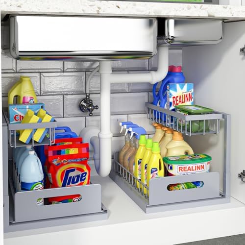 REALINN Under Sink Organizer, L-Shaped 2 Tier Pull Out Cabinet Organizer