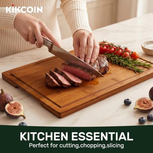 Kikcoin 20”×14” Deep-Carbonized Bamboo Cutting Boards for Kitchen, Healthy Wooden Cutting Boards for Kitchen, Charcuterie, Vegetables, Extra Large Chopping Boards with Deep Juice Groove and Handle