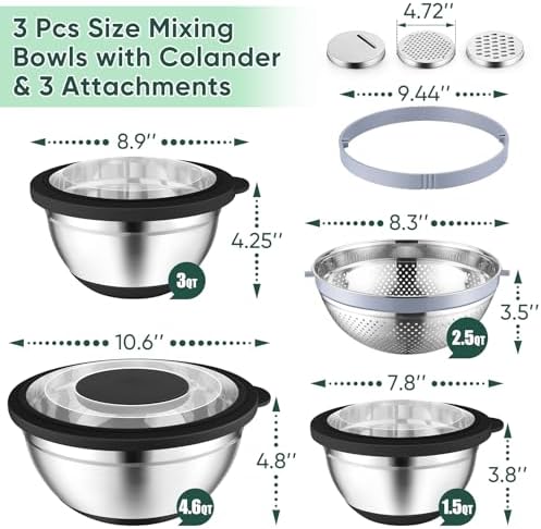 P&P CHEF Mixing Bowls with Lids, Metal Mixing Bowl with Colander, Black