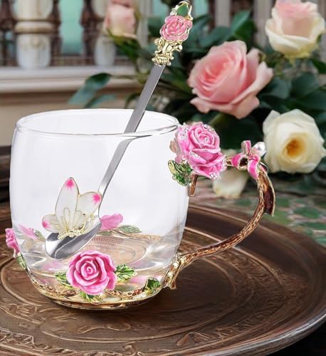SUQ I OME Enamel Rose and Butterfly Flower Glass Tea Cup, Pink Rose