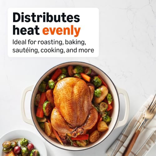 Amazon Basics Enameled Cast Iron Dutch Oven Pot with Lid, Round, Dual Handles, Heavy-Duty, Oven Safe for Stews, Roasting, Baking, 7.3-Quart, White