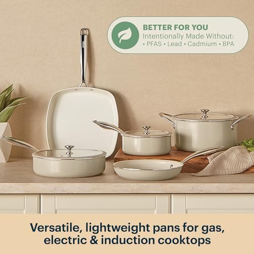 Pyrex 8-Piece Ceramic Cookware Set, Pots and Pans with Lids & Handles
