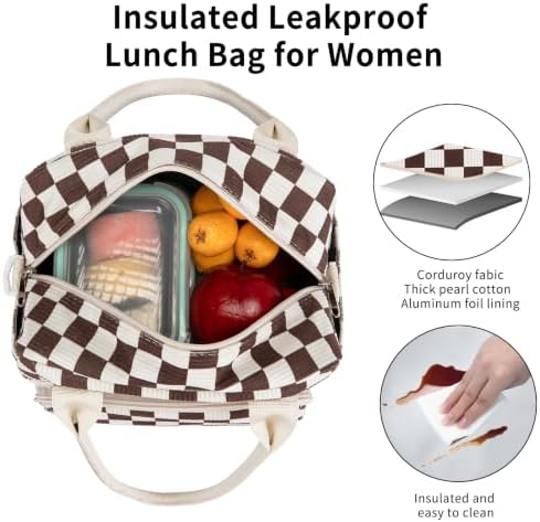 Lunch Bag Women Lunch Box for Women Adult Cute Insulated Lunch Bag Lager Cooler Lunch Tote Bags for Work Picnic (Coffee-White Plaid)
