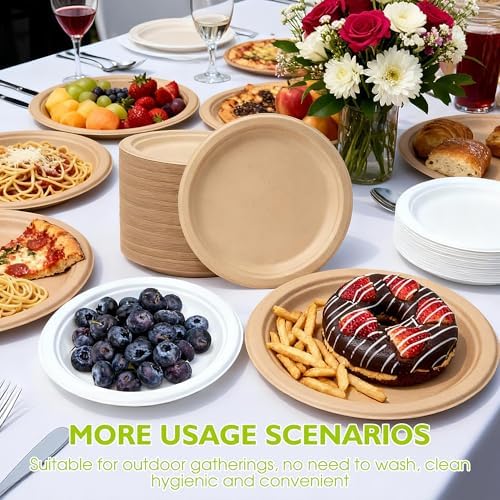 9 Inch 500 Pack Compostable Paper Plates Round Unbleached Brown Plates Made from Natural Sugarcane Fibers, Biodegradable Heavy Duty Disposable Plates for Party, Camping, Picnic