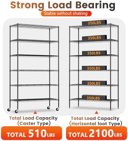BestOffice | 6-Tier Wire Shelf with Wheels | 45" x 18" x 82" | Black