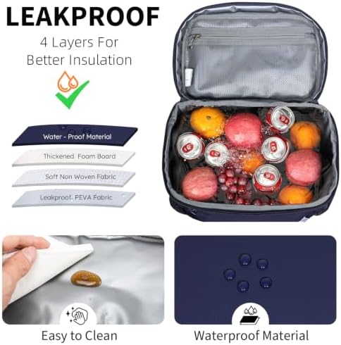 NOL Insulated Lunch Bag for Women Men Adults, Reusable Lunch Tote with Adjustable Shoulder Strap, Leakproof Thermal Food Cooler Bag with Front Pocket and Side Mesh Pockets for Work Travel, Navy blue
