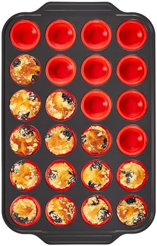 BRONYPRO Silicone Mini Muffin Pan with Metal Frame, Egg Bite Molds for Baking for Baking, Cupcake Pans 24 Regular Size, Muffin Tins Easy to Pop Nonstick Non Toxic Bakeware for Oven,Red