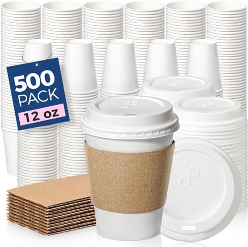 Fit Meal Prep 500 Pack 12 oz Disposable Coffee Cups with Lids, Sleeves, Leak-Proof To Go Coffee Cups with Lids, Durable Hot Paper Cups for Hot Cocoa and Coffee Bar Supplies