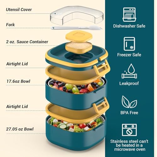 PEDECO Stackable Stainless Steel Bento Box with Insulated bag,Leak-Proof,2-Tier Bento box,Lunchbox container With Portable Sauce Pod and Cutlery-for Kids/Adult,Dishwasher/MicrowaveSafe,Blue