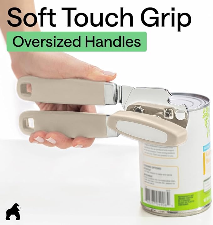 GORILLA GRIP Heavy Duty Stainless Steel Smooth Edge Manual Can Opener and Bottle Openers, Soft Comfortable Handle, Oversized Handheld Turn Knob, US Designed Multifunctional Kitchen Tool, Almond