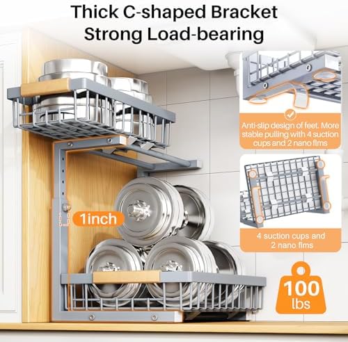 PXRACK Under Sink Organizer, Adjustable Height, 2 Tier Pull Out Under Cabinet Organizer, Slide Out Thickened Metal Under Sink Storage for Kitchen Bathroom Laundry Pantry Cabinet, Grey, Large-1-Pack