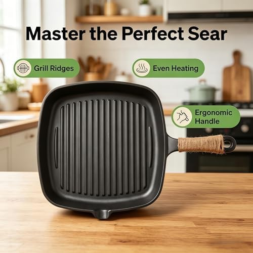Cast Iron Grill Pan, 9.5" Square Griddle Skillet with Pour Spout, Oven Safe