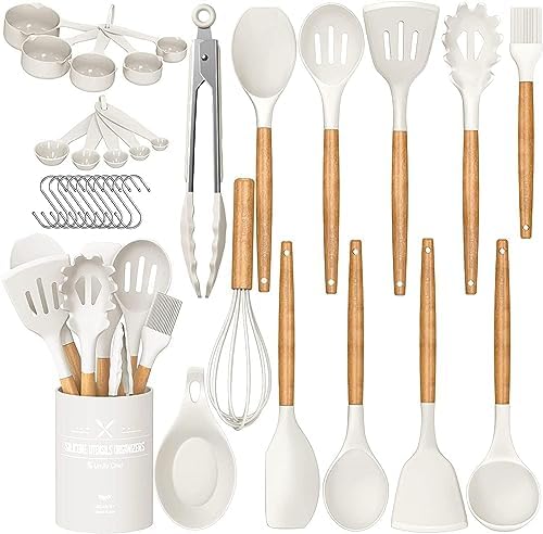 Umite Chef Kitchen Cooking Utensils Set, 33 pcs Non-stick Silicone Cooking Kitchen Utensils Spatula Set with Holder, Wooden Handle Silicone Kitchen Gadgets Utensil Set (Cream White)