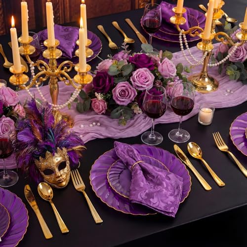 YOUBET 125PCS Clear Purple Plastic Plates with Gold Rim for Wedding