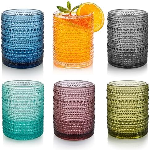 HomeVogue 12oz Colored Hobnail Drinking Glasses Set of 6, Vintage Glassware Old Fashioned Beverage Glasses, Cocktail Glass Set, Kitchen Water Glasses Cup, for Beer, Smoothie, Juice
