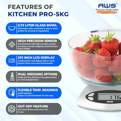 AWS Kitchen Pro 0.1g/0.001oz Precision Food Scale 5kg/11lb Digital Bowl Scale with Tempered Glass, | 2.72L Dishwasher-Safe Bowl, Tare, Timer, Clock & Room Temperature Display | Ultra Cooking Scale