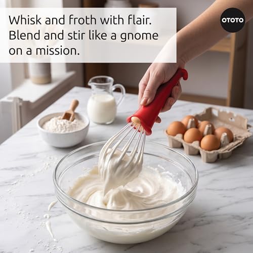 OTOTO Gnomeo Whisk – Red Gnome Handle Whisk for Baking & Cooking, Fun Gnomes Kitchen Gadgets, Quirky Baking Tools, Unique Kitchen Gifts