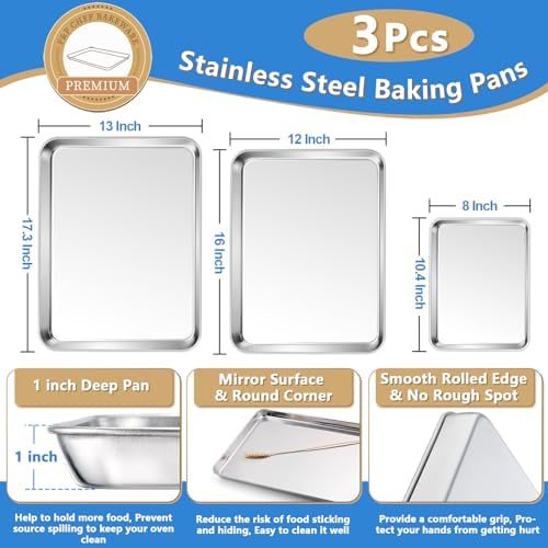 P&P CHEF 17.5 + 16 + 10.4 Inch Cookie Baking Sheet Pan with Wire Rack,6 Pcs