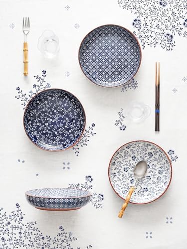 LE TAUCI Pasta Bowl 32 oz, Ceramic Salad Bowl, Japanese-Style Plate Bowls for Serving Pasta, Fruits, Salad, Noodle, Dinner, Soup, Microwave Oven Dishwasher Safe - 8.2 Inch, Set of 4, Vintage Blue