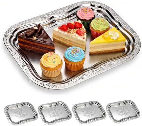 4-Pack Large Oval Silver Serving Trays - 15.7"x10.8" Mirror Platter Set for Party, Wedding, Birthday, Christmas, Appetizers, Desserts, Food Display, Kitchen Table, Buffet